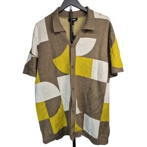 EXPRESS Mens XL Button Up Shirt Abstract Design Brown Yellow Cotton Blend NWT